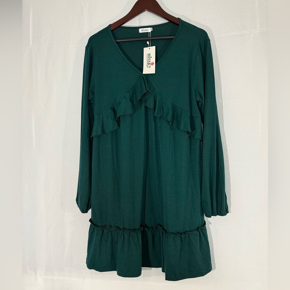 Missky Green Ruffle Long Sleeve Dress Tunic NWT Size XL Fall‎